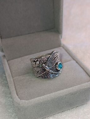 Textured Silver Dragonfly Ring with Faux Blue Topaz - Size 6